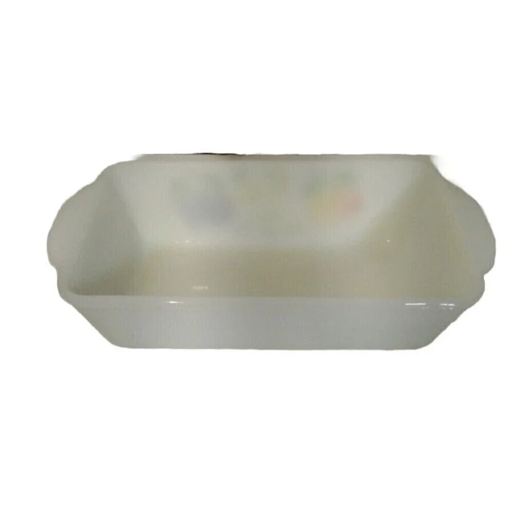 Vintage Fire‎ King Milk Glass Baking Dish Fruit Design Rectangular Casserole Pan